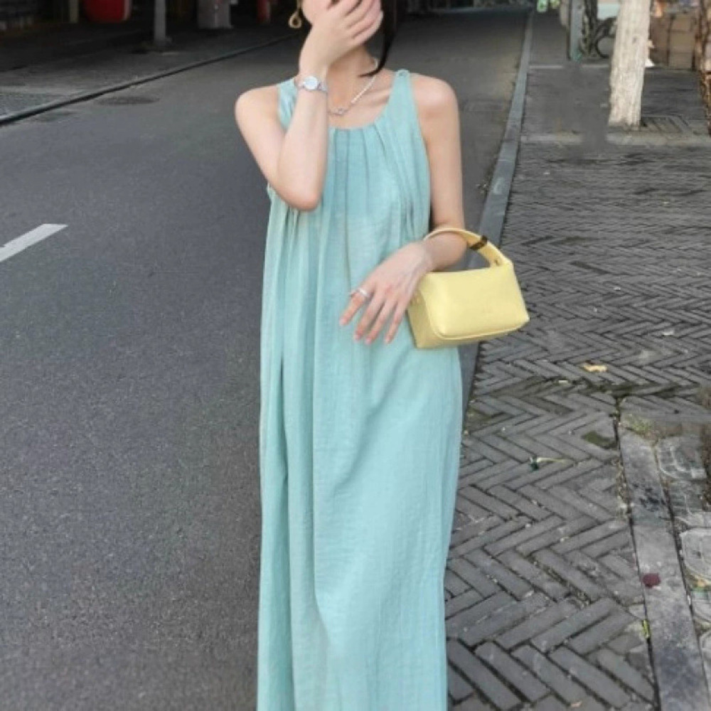 ZARA Women Sleeveless Pleated Backless Maxi Dress Summer Retro Loose Long Dress